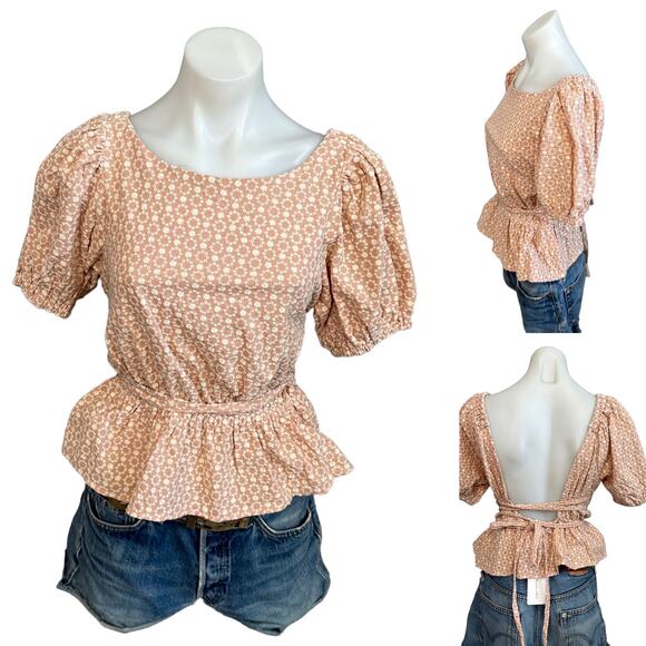 Line & Dot Pink Peasant Top MEDIUM Milkmaid Embroider Backless Puff Sleeve NEW - Picture 4 of 9